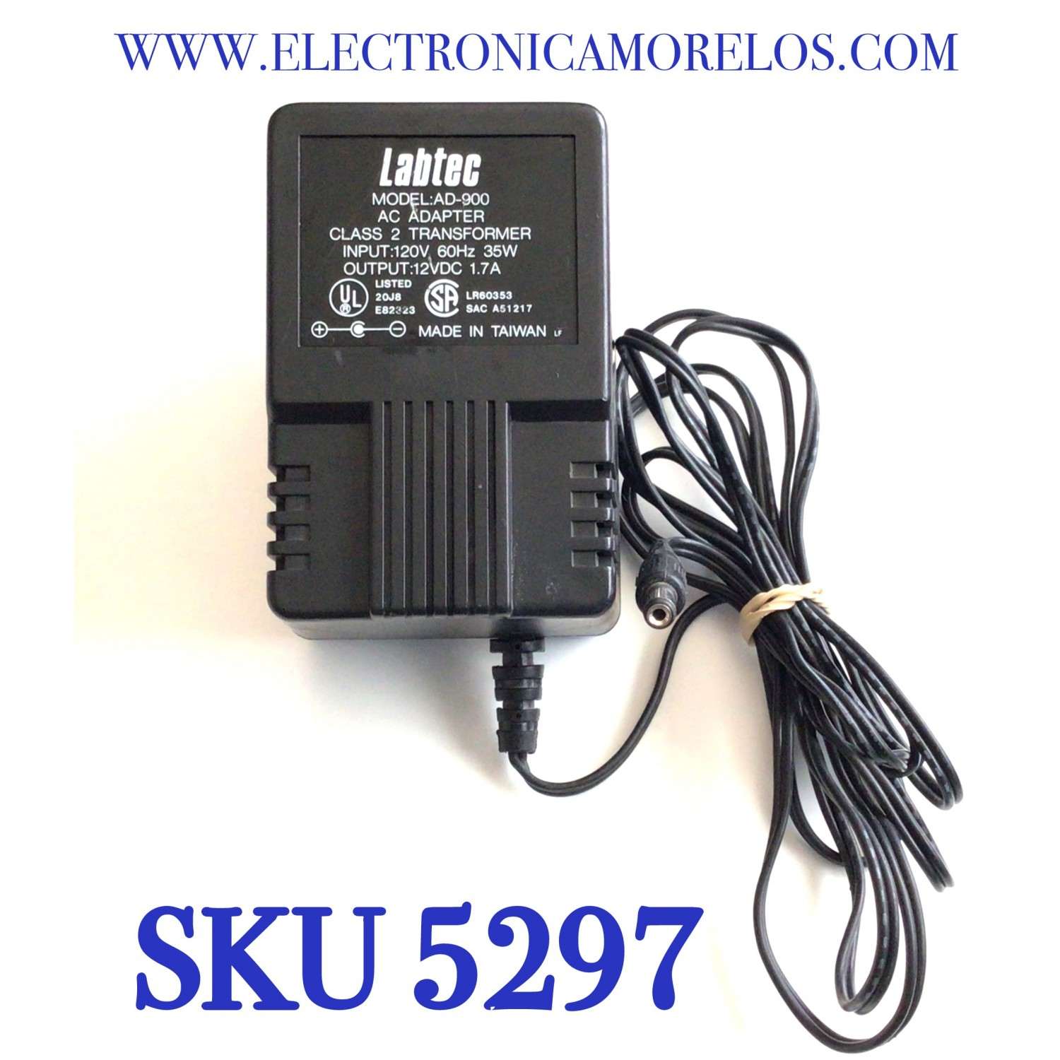 CARGADOR / ADAPTADOR DE FUENTE DE ALIMENTACION LABTEC VCA-VCD  / NUMERO DE PARTE AD-900 / E82323 / LR60353 / A51217 / ENTRADA VCA 120V 60HZ 35W / SALIDA VCD 12V 1.7A / MODELO AD-900